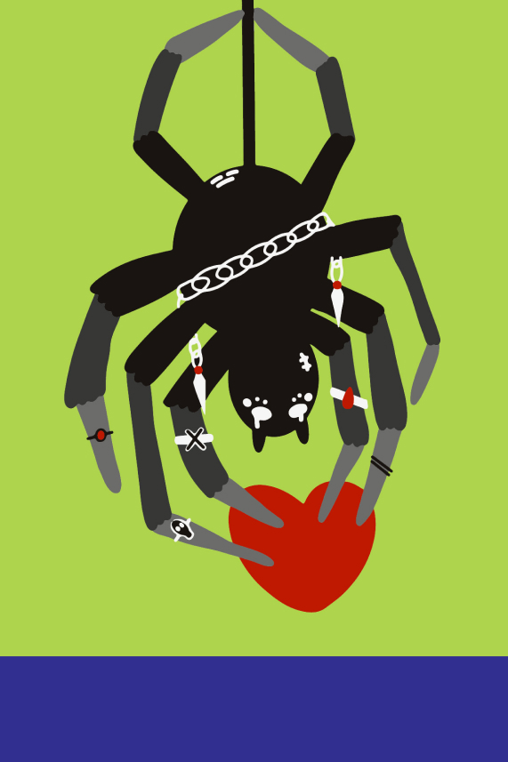 Illustration of crying spider holding a heart, tattooed, and wearing jewelry